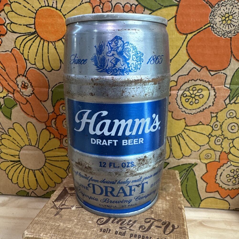HAMM'S DRAFT BEER KEG BARREL Looking Can Pull Tab Top Bottom-Opened Empty- rust